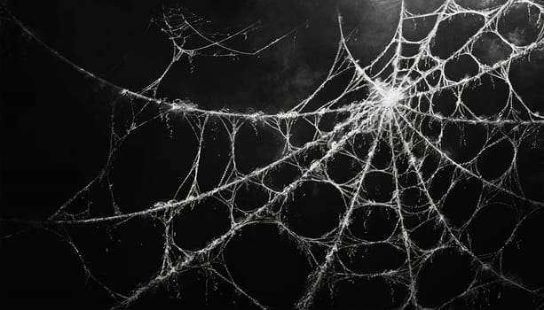halloween, decoration and horror concept ecoration of artificial spider web over black background. Cobweb background scary halloween design Copy space