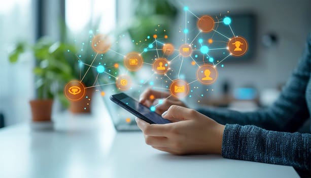 Hand of person holding mobile smartphone with icons concept. Mail,phone,email icon. cutomer support concept, copy space. Technology business design communication