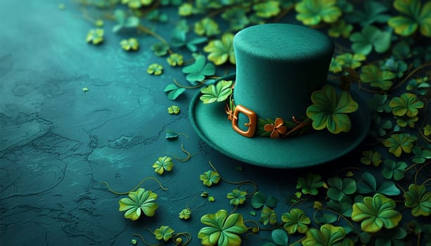 Saint Patrick's Day green hat with four clover leaves. Green leprechaun hat in green clover.Irish traditional spring holiday.Saint Patrick background.St. Patricks Day green background with shamrock leaves. Copy space