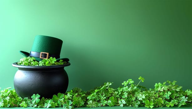 Saint Patrick's Day green hat with four clover leaves. Green leprechaun hat in green clover.Irish traditional spring holiday.Saint Patrick background.St. Patricks Day green background with shamrock leaves. Copy space