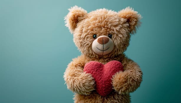 Smiling teddy bear holding red soft heart and pastel green background. Mock up for happy, positive idea. Empty place for emotional, sentimental text, quote or sayings on pink background. Valentine's Day background romantic