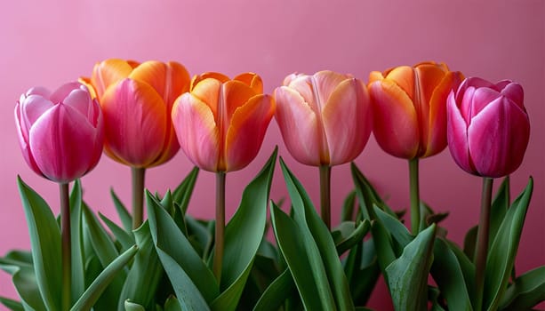 Pink and orange tulips on the pink background. Flat lay, top view. Valentines background. Horizontal, banner format Copy space. Spring design Space for text