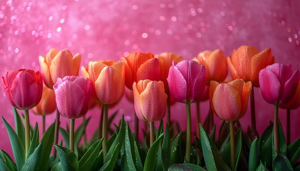 Pink and orange tulips on the pink background. Flat lay, top view. Valentines background. Horizontal, banner format Copy space. Spring design Space for text