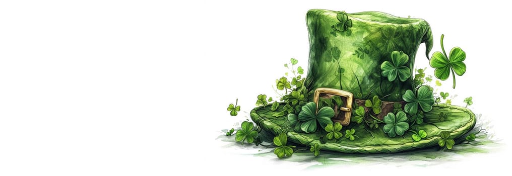Saint Patrick's Day green hat with four clover leaves. Green leprechaun hat in green clover.Irish traditional spring holiday.Saint Patrick background.St. Patricks Day green background with shamrock leaves. Copy space
