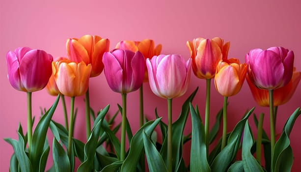 Pink and orange tulips on the pink background. Flat lay, top view. Valentines background. Horizontal, banner format Copy space. Spring design Space for text