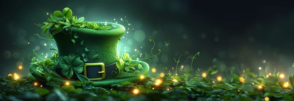 Saint Patrick's Day green hat with four clover leaves. Green leprechaun hat in green clover.Irish traditional spring holiday.Saint Patrick background.St. Patricks Day green background with shamrock leaves. Copy space