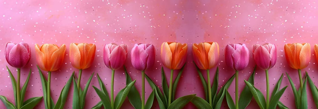 Pink and orange tulips on the pink background. Flat lay, top view. Valentines background. Horizontal, banner format Copy space. Spring design Space for text