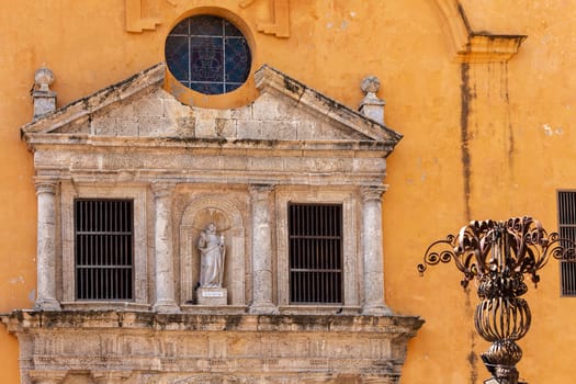 Church Iglesia de San Pedro Claver, colonial building in Cartagena de Indias, Colombia. Church is part of a set of religious buildings by Cloister of San Pedro Claver and archaeological museum.