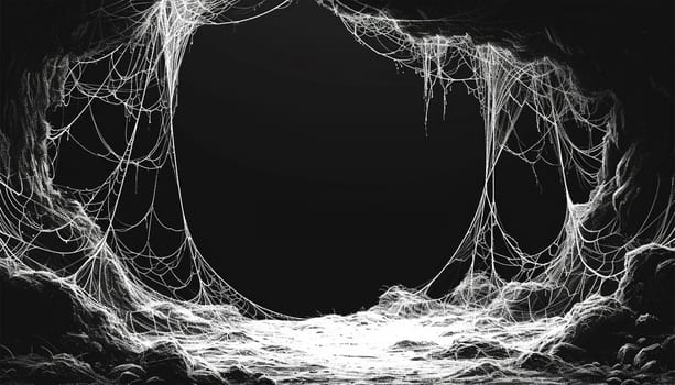 halloween, decoration and horror concept ecoration of artificial spider web over black background. Cobweb background scary halloween design Copy space