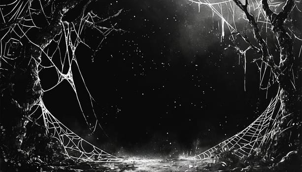 halloween, decoration and horror concept ecoration of artificial spider web over black background. Cobweb background scary halloween design Copy space