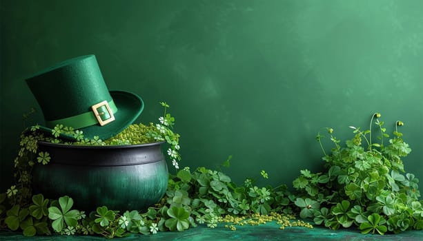 Saint Patrick's Day green hat with four clover leaves. Green leprechaun hat in green clover.Irish traditional spring holiday.Saint Patrick background.St. Patricks Day green background with shamrock leaves. Copy space