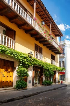 Beautiful building in historic city Cartagena de Indias with beautiful colonial architecture. The one of most beautiful town in Caribbean Coast Region, Colombia.