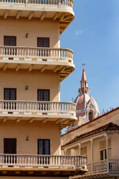 Beautiful building in historic city Cartagena de Indias with beautiful colonial architecture. The one of most beautiful town in Caribbean Coast Region, Colombia.