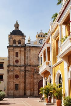 Church Iglesia de San Pedro Claver, colonial building in Cartagena de Indias, Colombia. Church is part of a set of religious buildings by Cloister of San Pedro Claver and archaeological museum.