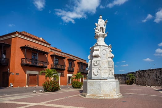 Monumento Cristobal Colon in historic city Cartagena de Indias with beautiful colonial architecture. The one of most beautiful town in Caribbean Coast Region, Colombia.