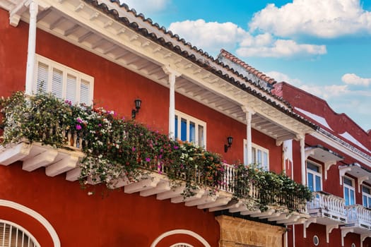 Beautiful building in historic city Cartagena de Indias with beautiful colonial architecture. The one of most beautiful town in Caribbean Coast Region, Colombia.