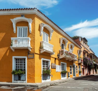 Beautiful building in historic city Cartagena de Indias with beautiful colonial architecture. The one of most beautiful town in Caribbean Coast Region, Colombia.