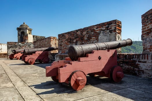 Canon in Castillo San Felipe de Barajas, fortress in the strategic location of Cartagena de Indias city on the Caribbean coast of Colombia.