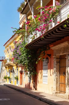 Beautiful building in historic city Cartagena de Indias with beautiful colonial architecture. The one of most beautiful town in Caribbean Coast Region, Colombia.