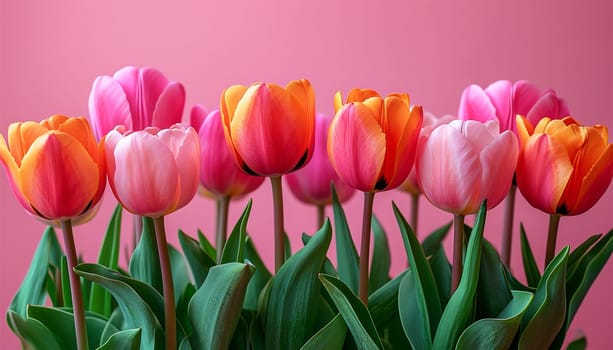 Pink and orange tulips on the pink background. Flat lay, top view. Valentines background. Horizontal, banner format Copy space. Spring design Space for text