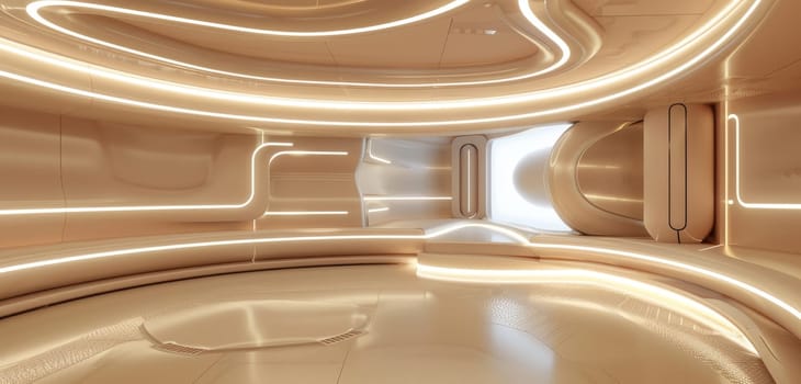 A warm-toned, spacious interior with abstract curved walls and multiple oval windows casting soft light. This futuristic design evokes a sense of innovation and serenity