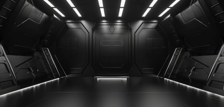 A minimalist black hallway illuminated by bright overhead lights creates a stark, monochrome effect that is both dramatic and contemporary