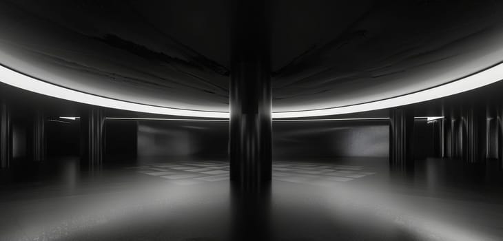 A circular light portal casts an ethereal glow in a dark, expansive room, suggesting a portal to another dimension or futuristic gateway