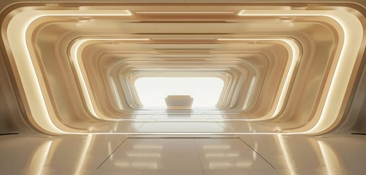 An illuminated perspective view inside a futuristic tunnel, with repeating geometric patterns stretching towards a central point. The design conveys depth and advanced technology