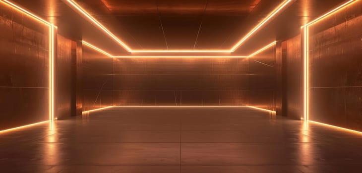 The warm amber tones of this corridor create a welcoming yet mysterious atmosphere. Its reflective surfaces and geometric symmetry offer a sense of infinite depth