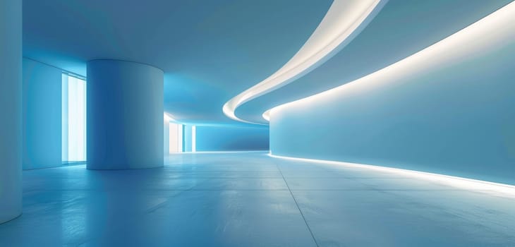 The soft, diffused light enhances the smooth curves of this tranquil blue corridor, giving a sense of calm and modernity
