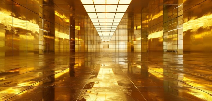 A passage bathed in golden light showcases a reflective floor and walls, inviting contemplation of depth and infinity. The golden tones enhance the visual depth and luxurious atmosphere