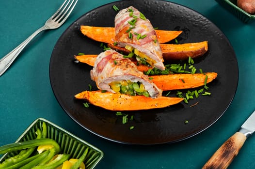 Roasted Pork Shoulder and Sweet Potatoes. German Dinner. Flat Lay