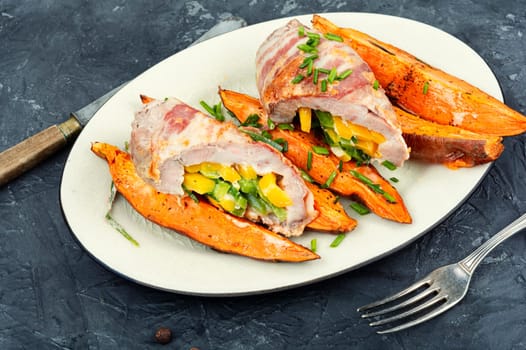 Roasted Pork Shoulder and Sweet Potatoes. German Dinner. Flat Lay