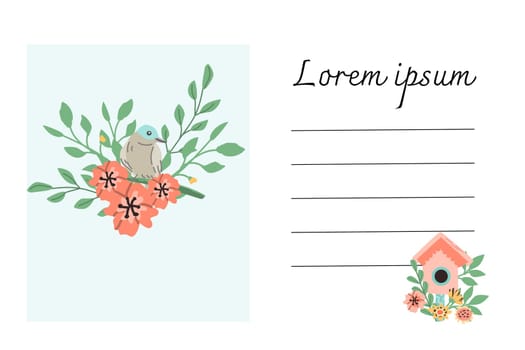 Spring greeting card template with birds and birdhouse with flowers. Vector illustration with blue background and copy spase for text.