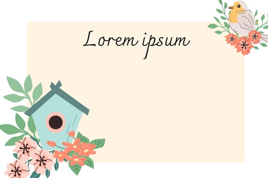 Spring greeting card with bird and birdhouse with flower. Vector illustration can used for postcard, greeting card, label, poster.