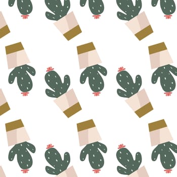 scandinavian houseplant cactus in golden pot seamless pattern. Vector illustration of succulent flower in decorative pot. Modern home plants background.