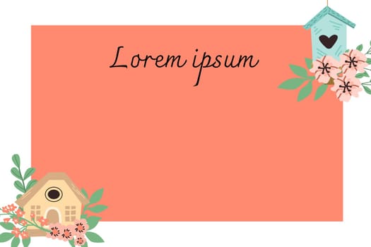 Spring card template with birdhouses and copy space. Vector illustration on red background.