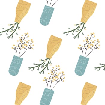 Spring floral pattern in flat style with spring branch. Vector illustration of home vase with branch with blossom flower. Can use for textile, poster. Old money trendy seamless pattern.