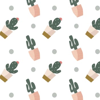 scandinavian houseplant cactus in pot and dots seamless pattern. Vector illustration of succulent flower in decorative pot. Modern home plants background.
