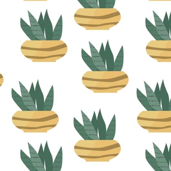 scandinavian houseplant mother-in-law tongue in yellow pot seamless pattern. Vector illustration of succulent flower in decorative pot. Modern home plants background.