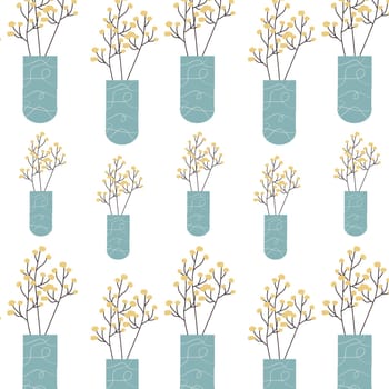 spring or summer floral pattern with vase and flowers mimosa with branch. Vector illustration can used for wrapping paper, textile, fabric design, print for clothes, posters.