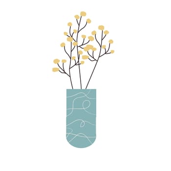 Hand drawn spring branch mimosa with yellow buds in decorative vase. Vector illustration for interior poster, banner and greeting card. Can use for decoration sticker for notebook cover, wallpaper.