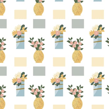 spring flowers in vase and simple shapes pattern. Vector illustration can used for interior decoration stickers, posters. Golden decor on pots.