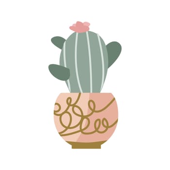 Cactus icon in flat, Home plant succulent in pot. Vector illustration isolated. Can used for greeting card, sticker, wallpaper, decoration banner and poster. Home plant in decorative golden pot.