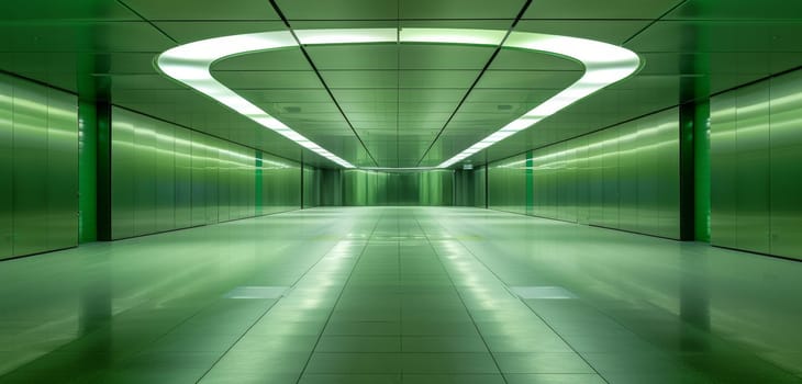 A tunnel glowing with neon green lights evokes the energy of futuristic travel, with its vibrant colors leading towards a glass-domed exit