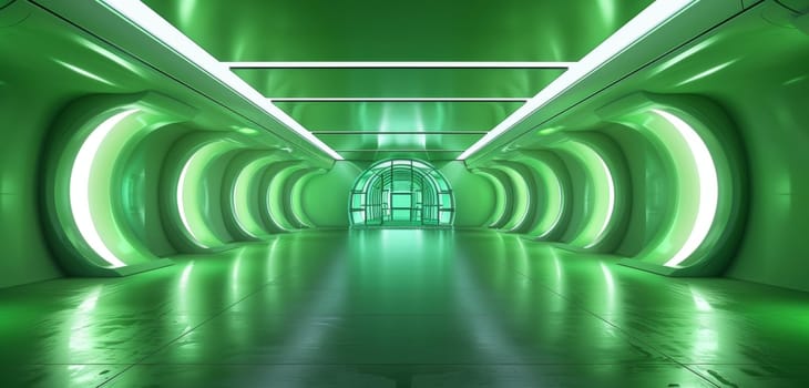 A tunnel glowing with neon green lights evokes the energy of futuristic travel, with its vibrant colors leading towards a glass-domed exit