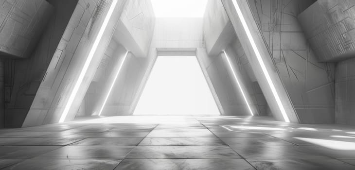 Sunlight streams through a futuristic passage, casting sharp shadows and illuminating a path that seems to lead to an unknown, bright destination