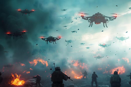 Swarm of flying drones above battlefield of last war. Neural network generated image. Not based on any actual scene or pattern.