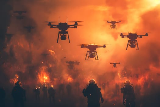 Swarm of flying drones above battlefield of last war. Neural network generated image. Not based on any actual scene or pattern.