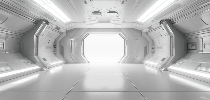 The corridor of a space station is bathed in white, with light flooding in from the end, symbolizing hope and the future. The clean design emphasizes advanced technology and order